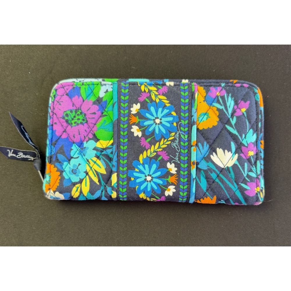 Vera Bradley Floral Quilted Cotton Zip Around Wallet Midnight Blue Purple Boho